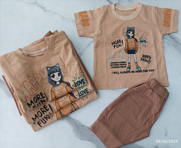 ست تیشرت شلوارک دخترانه طرح هپی لایف