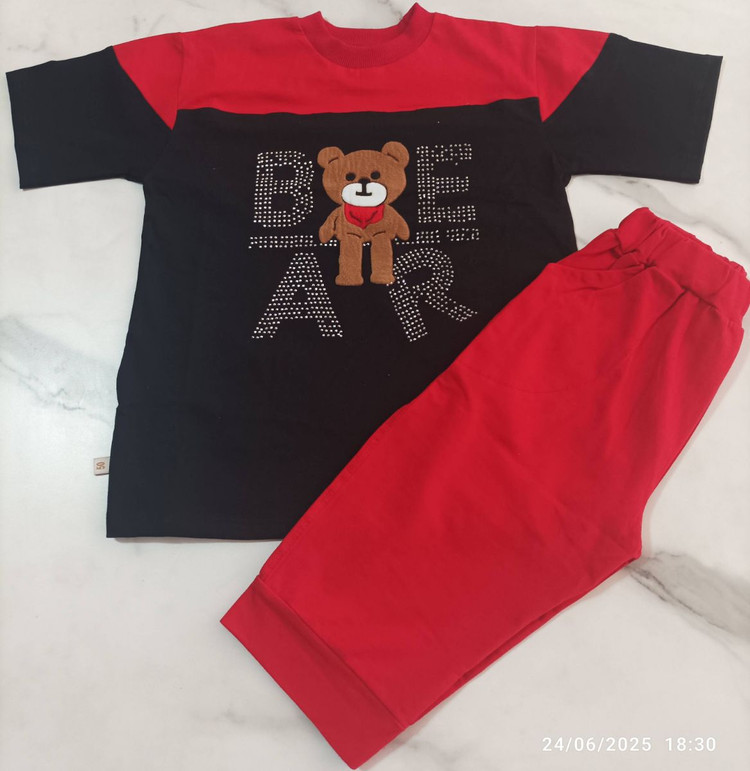 ست دخترانه تیشرت شلوارک مدل ترکیبی طرح خرس