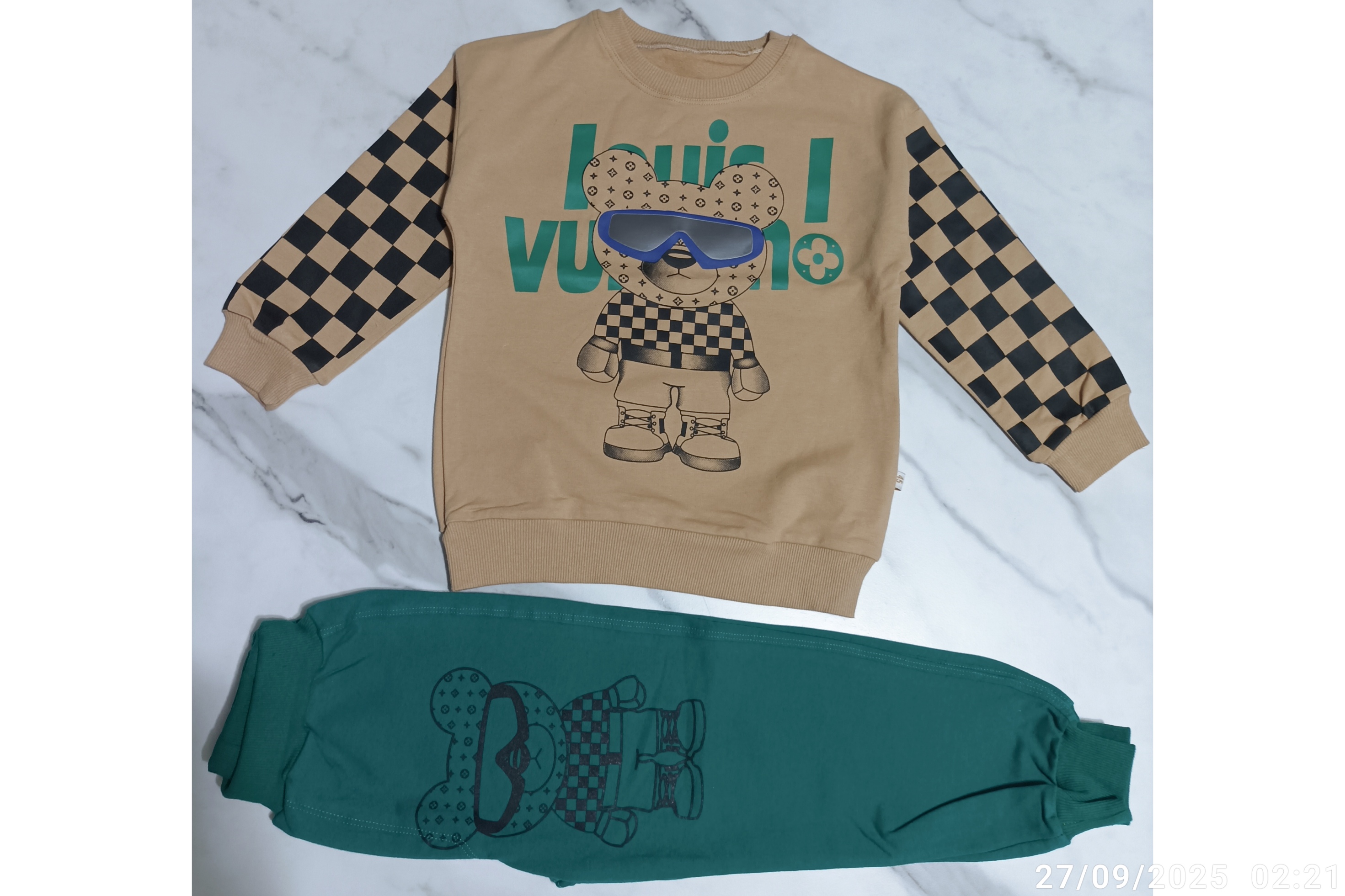 ست جذاب بلوز و شلوار مشترک دختر و پسر طرح خرس عینکی